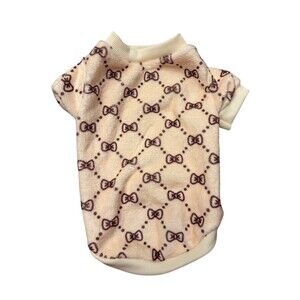 Unisex Dog fleece Shirt Size M Beige Bow Pattern Soft Warm Stretch Pullover